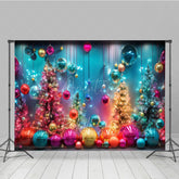 Aperturee - Aperturee Colorful Rainbow Christmas Photography Backdrop Funky and Vibrant with Neon Lights Modern Holiday Photo Booth